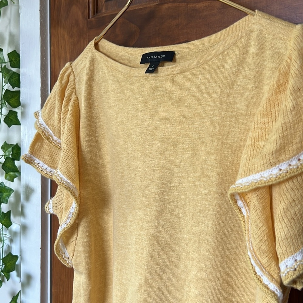 ANN TAYLOR Cotton Linen Knit Ruffle Sleeve Boatneck Sweater Top in Yellow | M - Picture 3 of 8